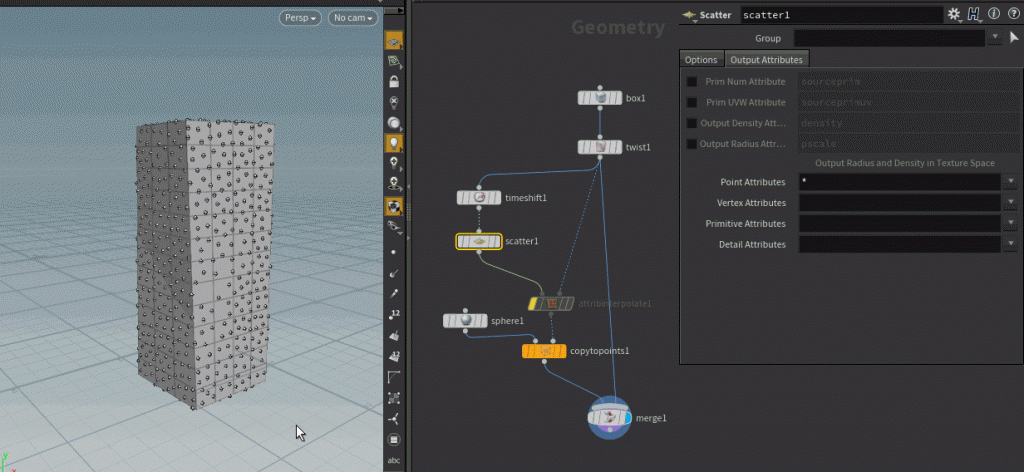 Using Attribute Interpolate. Note that the output attributes on the Scatter SOP need to be enabled for this to work.